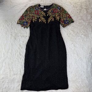 Sténay Vintage Black Silk Beaded Sequin Dress XS Cocktail Party Glam Retro
